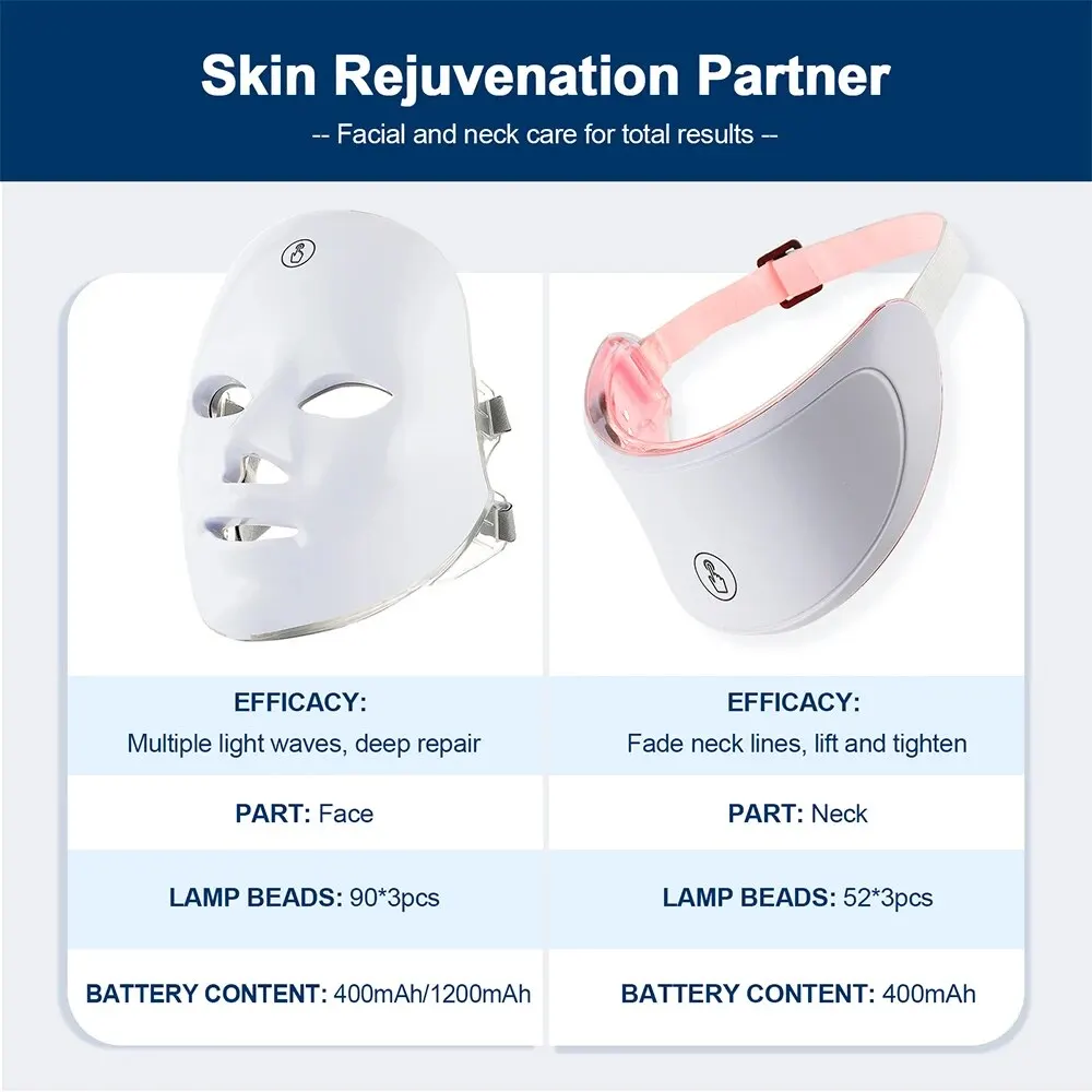 Máscara facial LED com luz vermelha para aperto da pele, terapia anti-envelhecimento, beleza bio-leve, clareamento do pescoço, casa, 7 cores - Imagem 5
