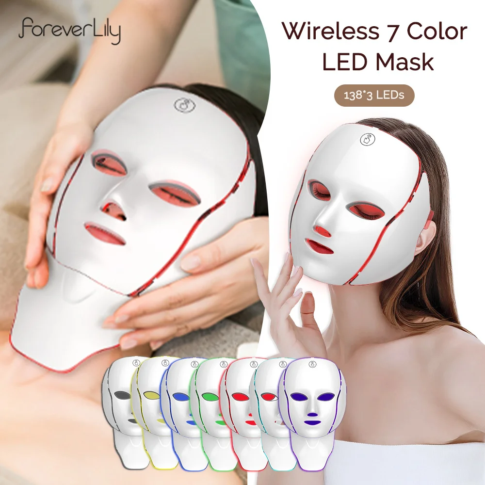 Rosto pescoço máscara de beleza 7 cores luz led máscara fóton luz vermelha cuidados com a pele facial reparação pele anti envelhecimento rugas aperto da pele