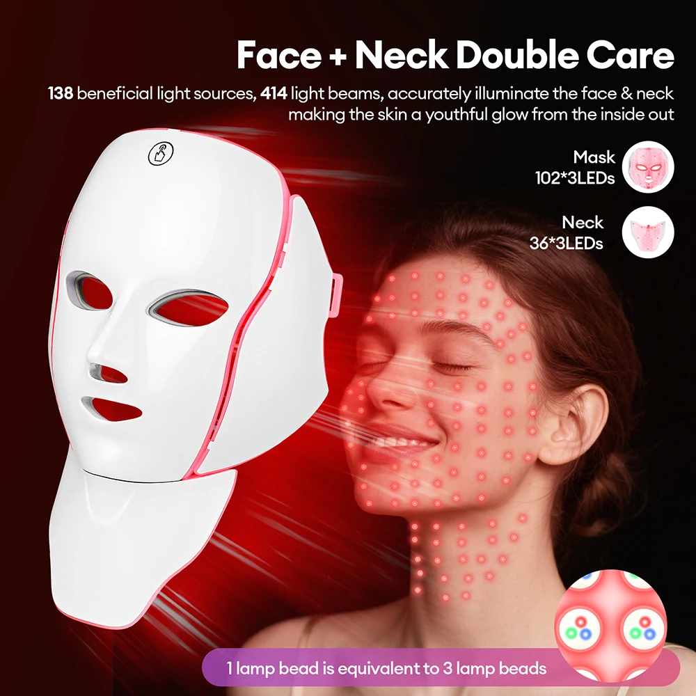 Rosto pescoço máscara de beleza 7 cores luz led máscara fóton luz vermelha cuidados com a pele facial reparação pele anti envelhecimento rugas aperto da pele - Imagem 3