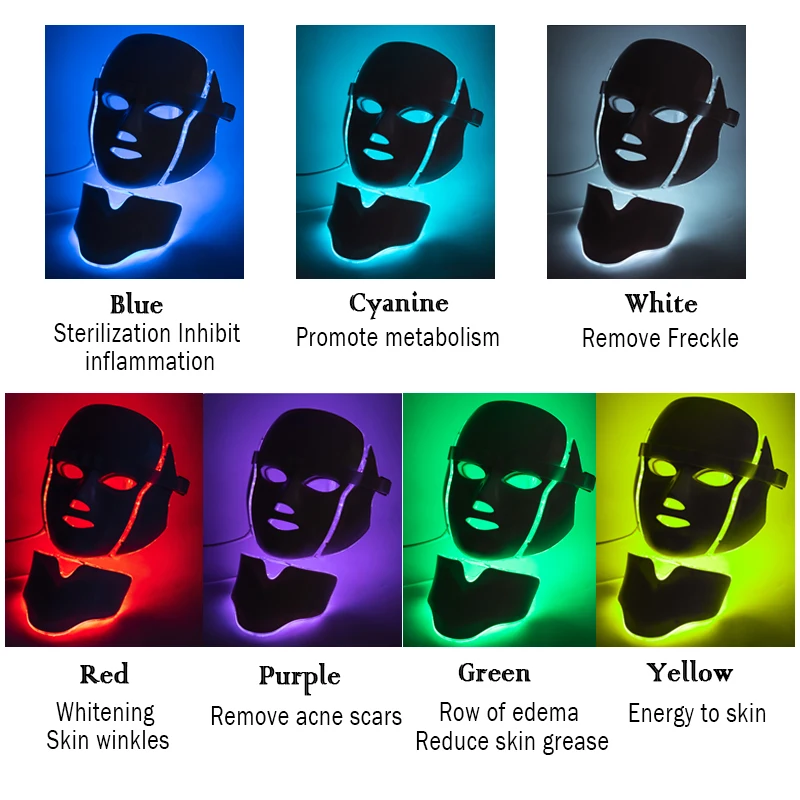 7 cores led máscara facial com pescoço beleza profissional pescoço cuidados com a pele rejuvenescimento facial endurecimento anti acne terapia badejo máscara - Imagem 2