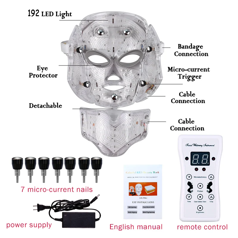 7 cores led máscara facial com pescoço beleza profissional pescoço cuidados com a pele rejuvenescimento facial endurecimento anti acne terapia badejo máscara - Imagem 3